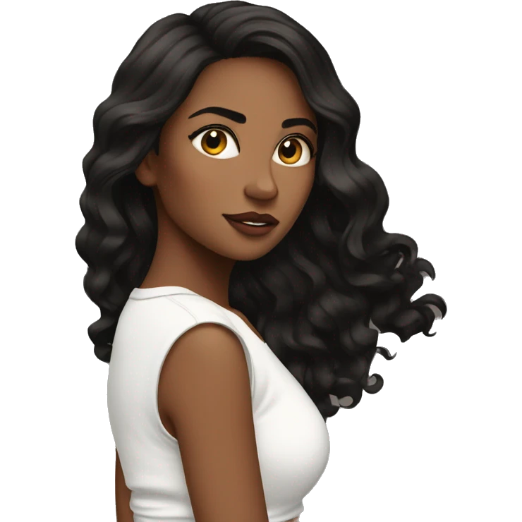 back side of a brown women, with black hair, a white crop top, wavy long hair emoji