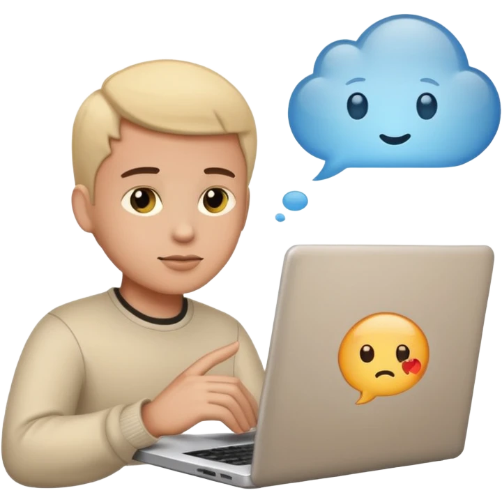 programmer emoji with laptop, with a thought bubble containing code symbols emoji