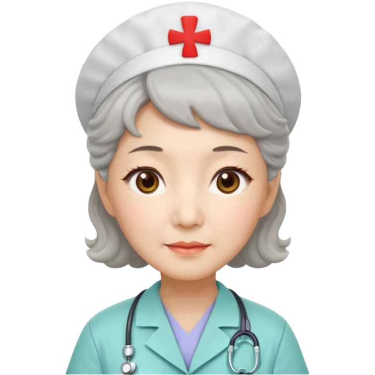 Chinese woman 62 years old, kind caring expression, short practical perm, brown eyes, pastel colored nurse uniform (retired) emoji