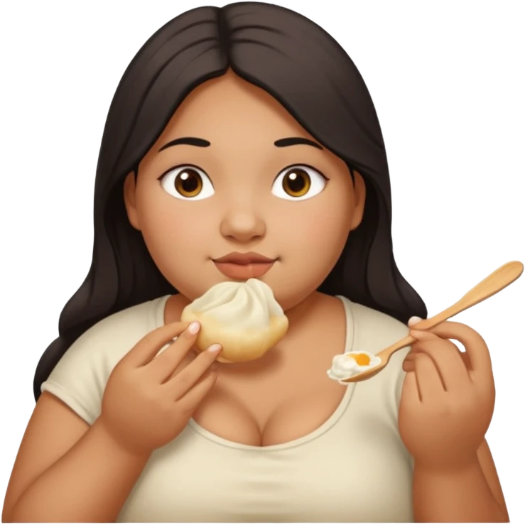 Can you create an emoji of a half Indian - half white 23 year old girl with dark brown mid length hair and brown eyes who is super obese and eating a dumpling. Can the emoji be from head to toe emoji
