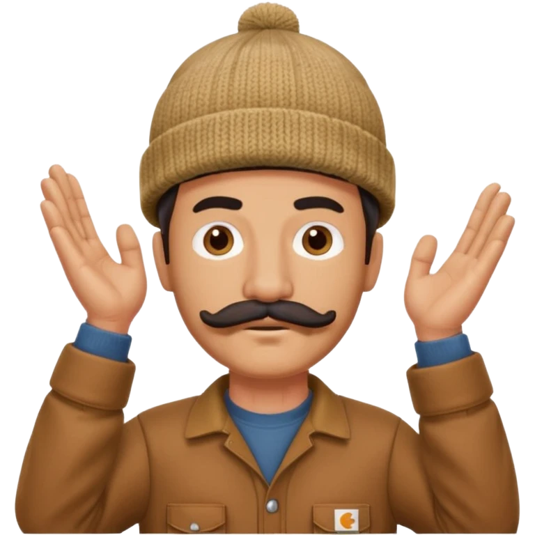 Woodworker thick mustache knit cap Carharttk shirt hand raised above head small eyes emoji