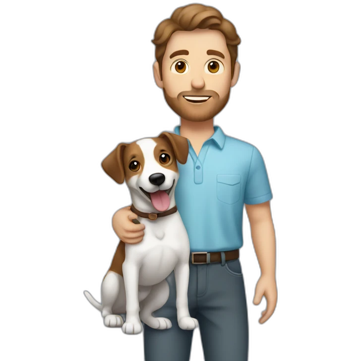 caucasian man with brown hair holding a jack russel emoji
