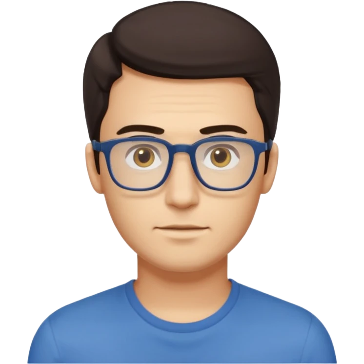 a young man around 30 years old, dark brown eyes, with dark brown hair, longer rectangular face, longer jaw, light yellow skin color, small eyes with rectangle shape glasses, without beard, no forehead wrinkles, wear deep blue shirt emoji