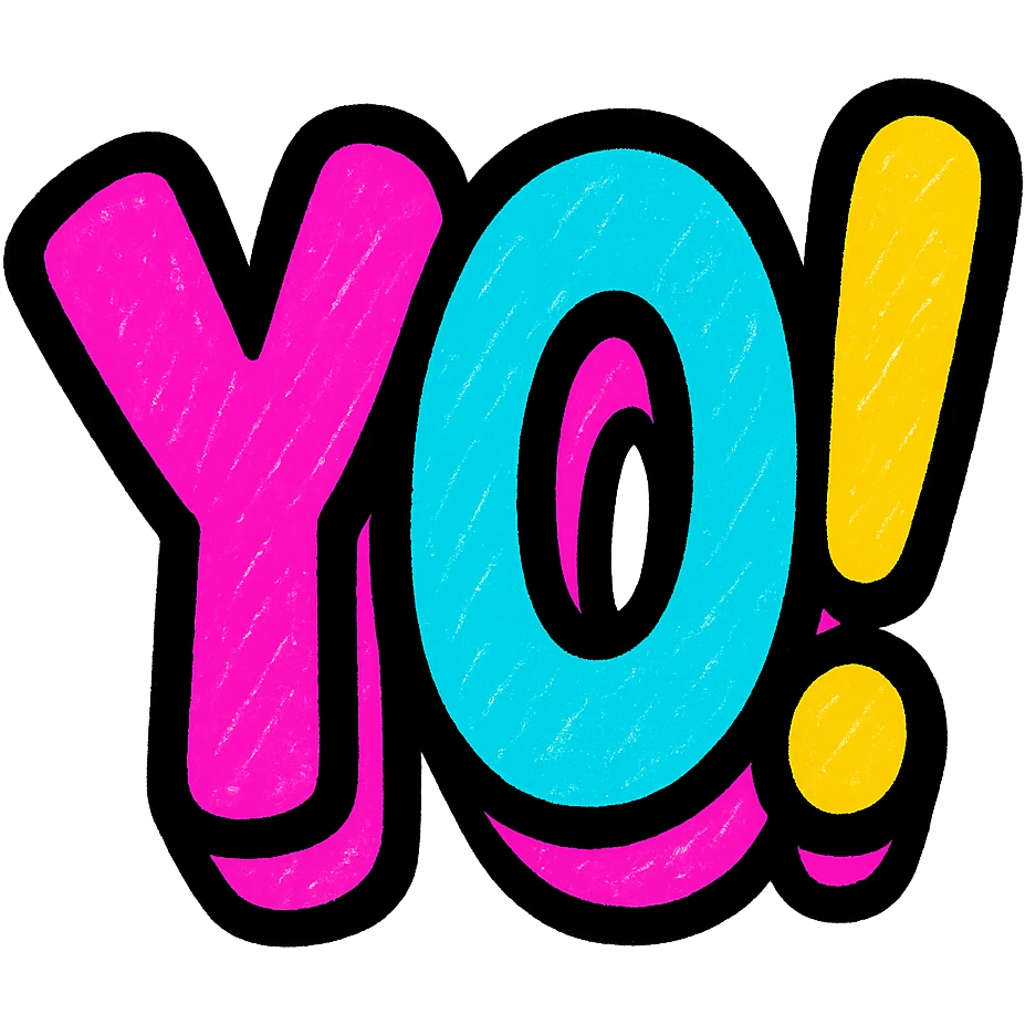 the word 'YO!' in purple, rounded bubble letters, playful and inviting emoji