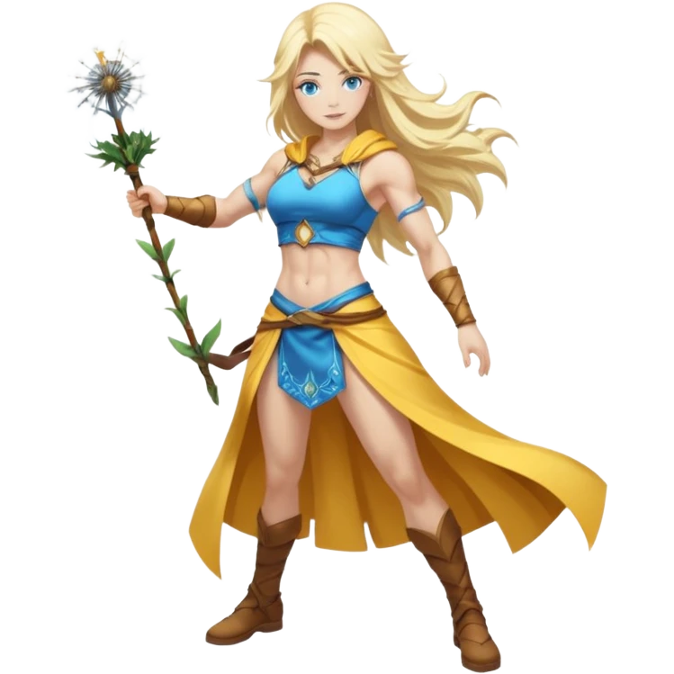 full body woman long blonde hair blue eyes white skin muscular build dandelion wind summoner emoji