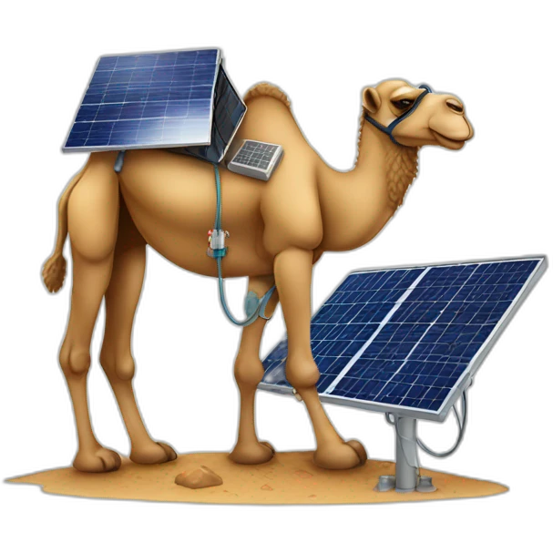 Camel working as solar panels technician while standing next to a solar panel emoji