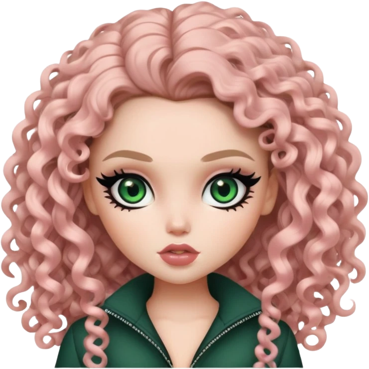 curly long dark hair, pale skin, dark green eyes, pretty bratz baddie, black eyeliner, blush emoji