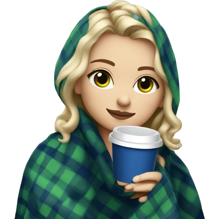 cute dirty blonde girl with green hazel wrapped in dark blue plaid blanket drinking coffeeemoji emoji