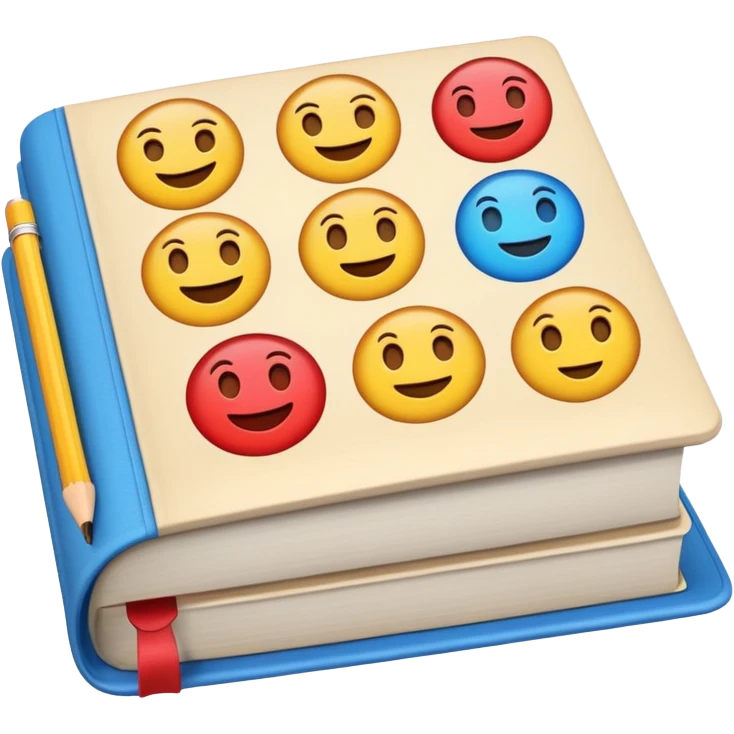 A textbook with the letters of "emoji" on its cover, where the word "emoji" is split into multiple individual letters for use. emoji