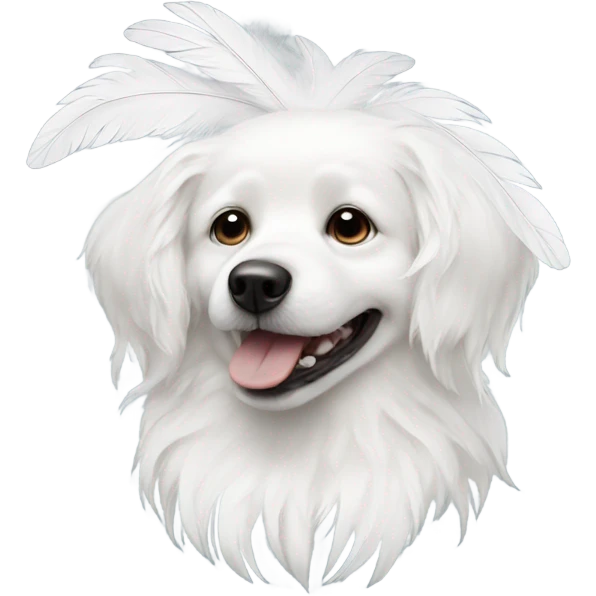 White dog with white feathers hanging out of its mouth emoji