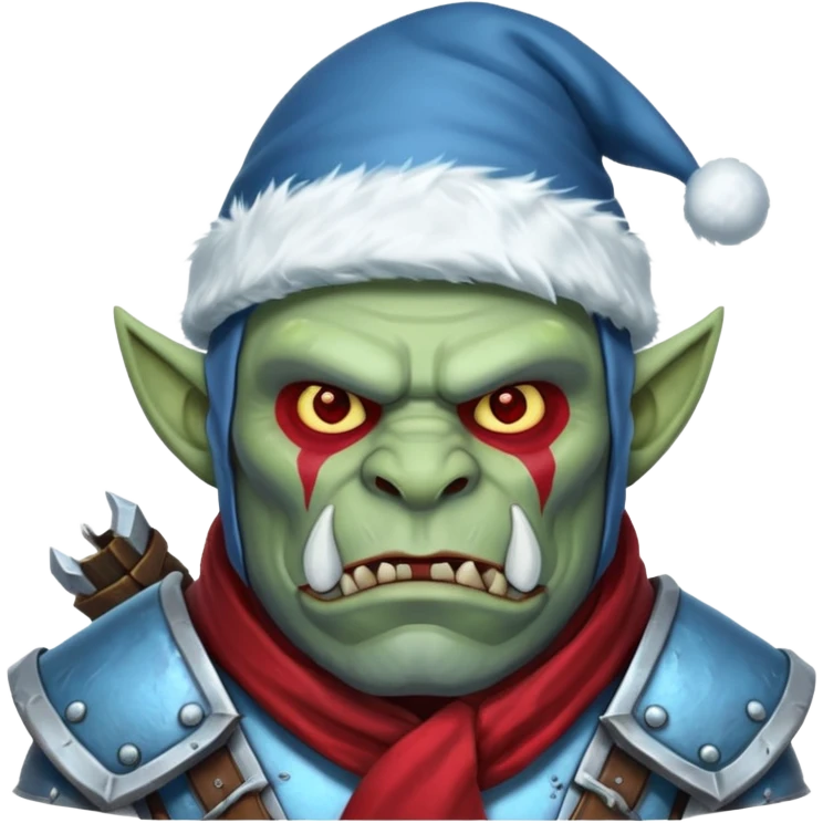 
Fantasy Christmas orc legion soldier icon, iron tundra army theme, heavy winter armor, disciplined brutal look, icy blue steel armor with deep crimson accents, frozen metal texture, cold winter atmosphere, male variant emoji