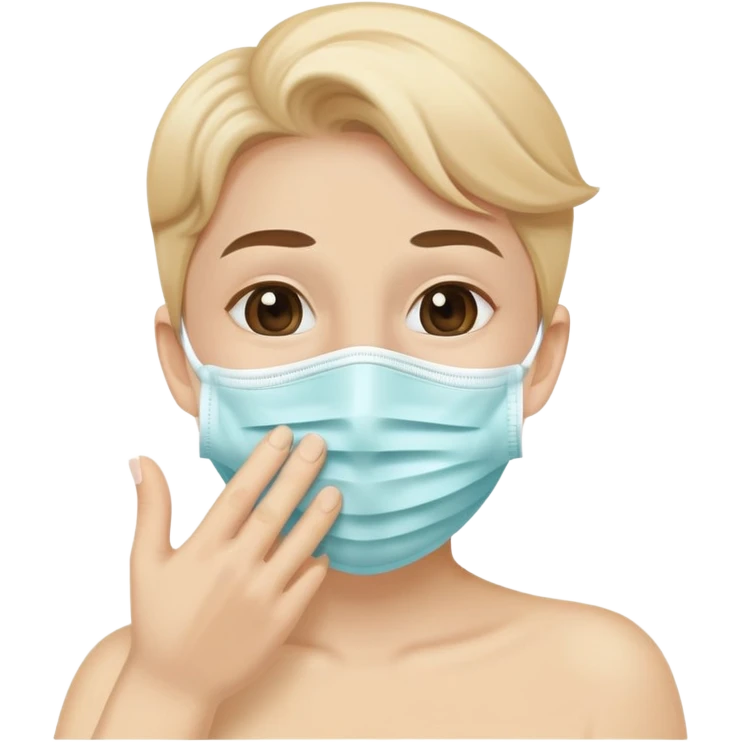 person with a mask, hand near mouth, showing good hygiene, cheerful emoji