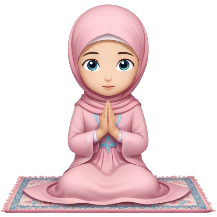 Turkish beautiful finish Konya muslim girl blue eyes with powder pink color flower hijab long tail dress and sits on the pray mat namaz on the ground with dua  emoji
