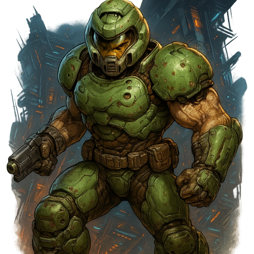 doom slayer, classic green armor, aggressive look, sci-fi background, detailed, dynamic lighting emoji