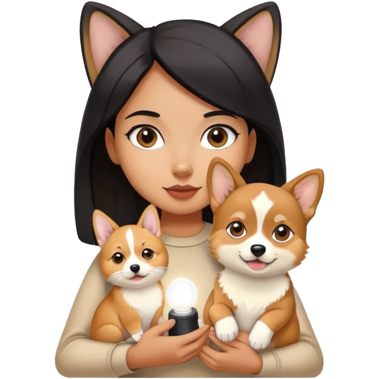 The girl with black hair is holding a light beige Abyssinian kitten and a Corgi. emoji