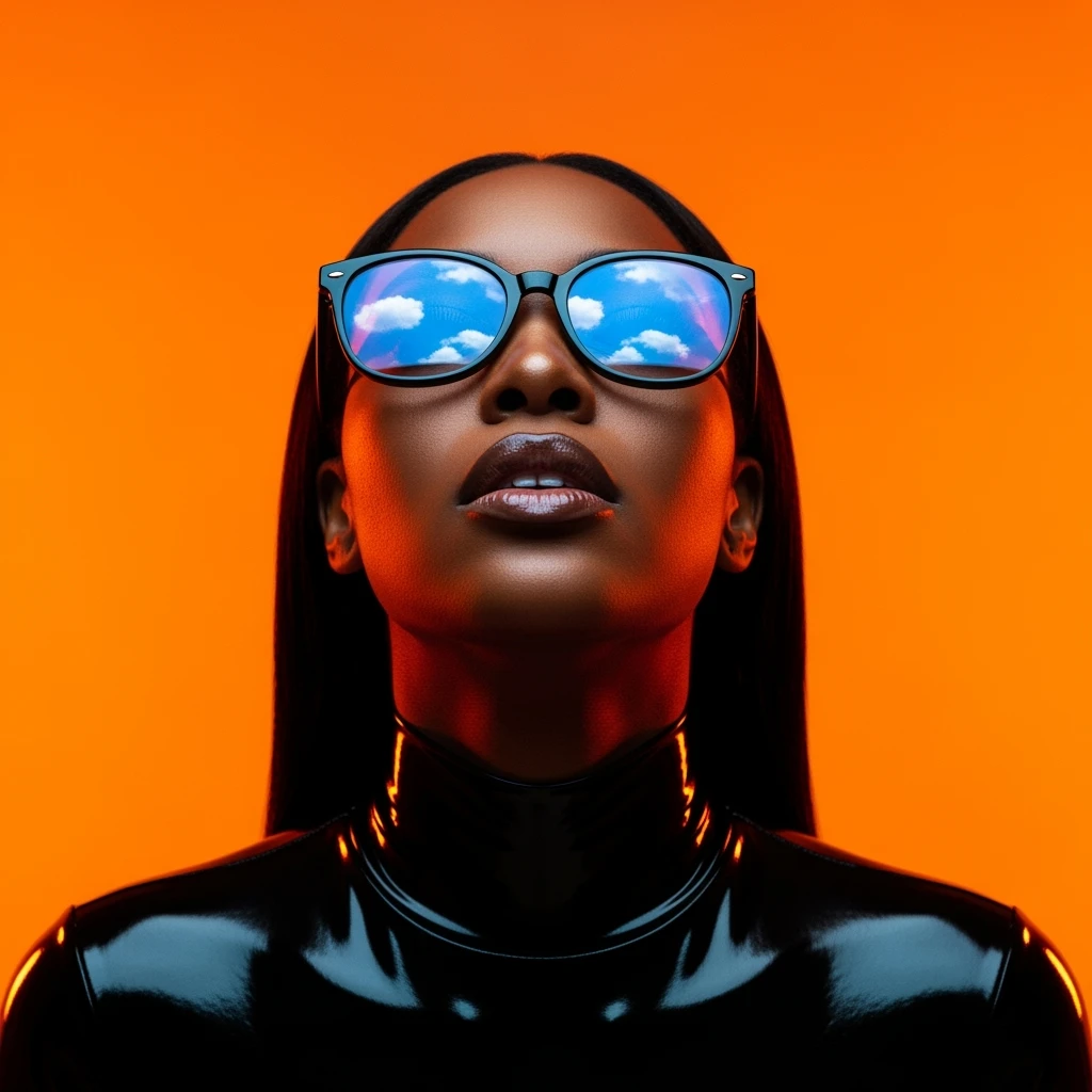 extreme closeup Photo of a beautifull woman with dark hairs and dark uotfit looking up (like villain), orange background, minimalistic, glasses with contrast reflection of blue sky and white clouds  emoji