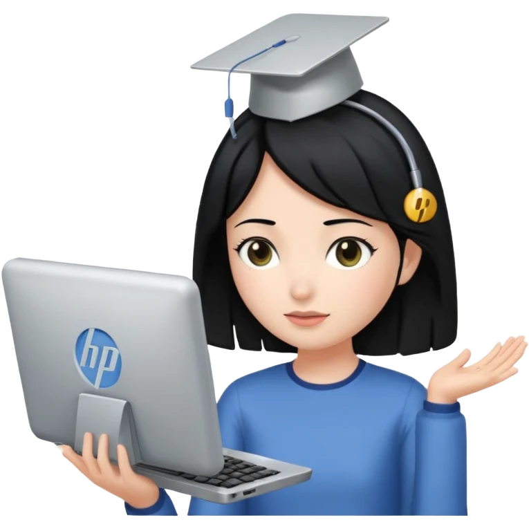 A girl is in front of an HP computer, holding it to her head, and her hair is black. emoji