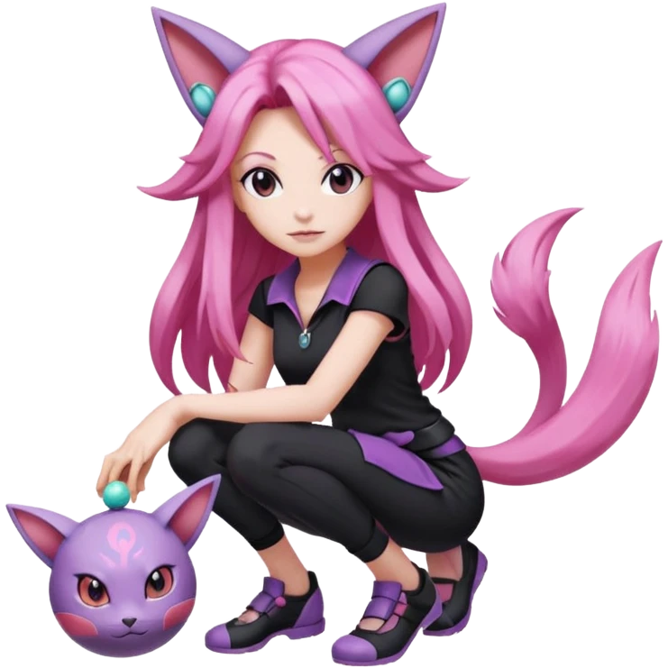 Female pokemon trainer, with long pink hair and wearing black. She’s standing confidently holding a pokeball and espeon by her feet  emoji