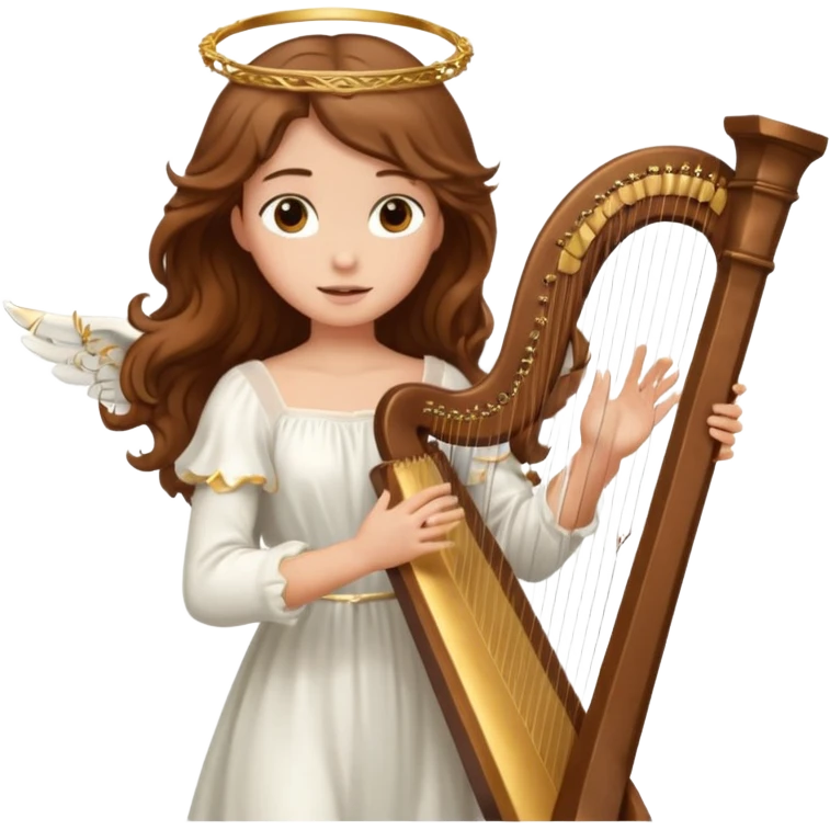 Female angel holding harp with flowing brown hair emoji