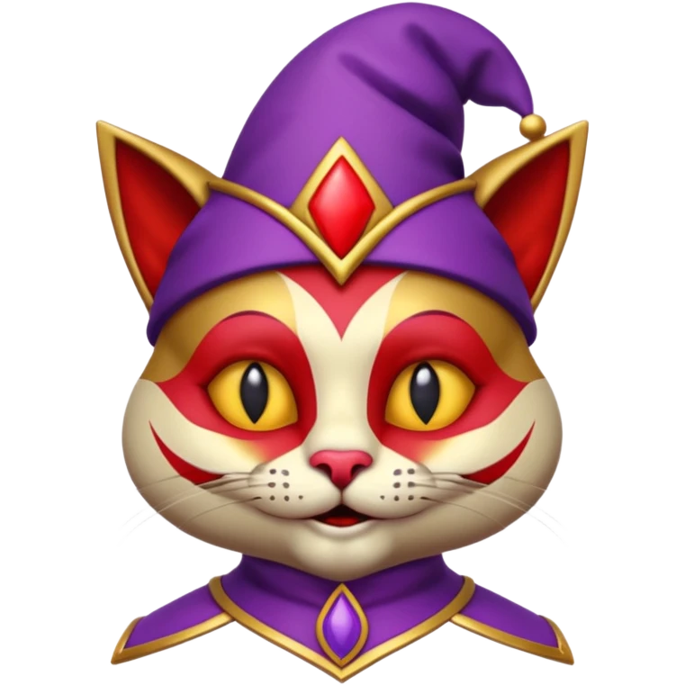 crazy colorful cute little cat jolly joker from poker, medieval, vintage, court jester, mac os icon, purple, gold and red color, half body. Squared shape as 3D mac os icon, symmetrical emoji