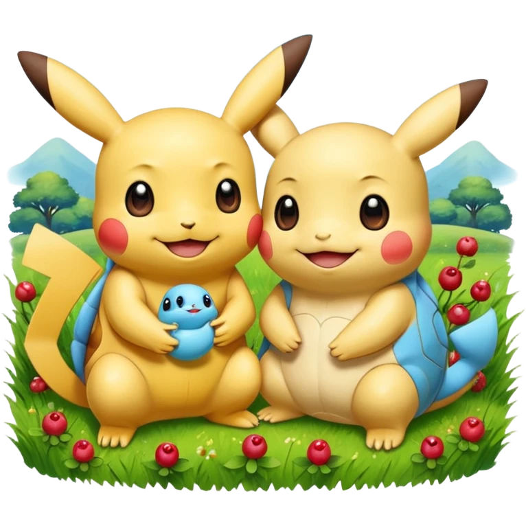 Two Pokémon are playing in a field. Pikachu has a light to share, but Squirtle has none. Pikachu sees this is unfair, so he shares the berries with Squirtle. They smile and eat together. Show this as a cute Pokémon emoji scene about justice and fairness.

 emoji