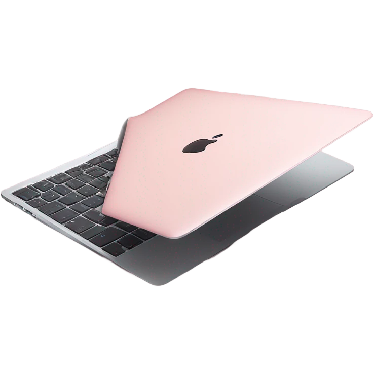 A sleek and modern MacBook Air laptop in a soft pastel pink color, placed on a white background. The Apple logo on the back of the screen is black, contrasting elegantly with the pink finish. The laptop is slightly open, showing a glimpse of the black keyboard and silver edges. The design is minimalist and stylish, reflecting a premium aesthetic. emoji