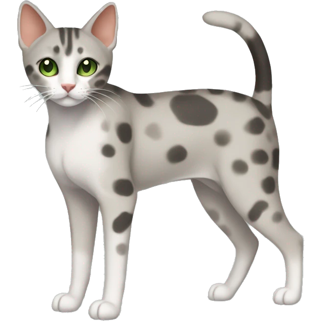 Short-haired oriental cat ,full body , grey coat with spots , green eyes , terracotta nuzzle emoji