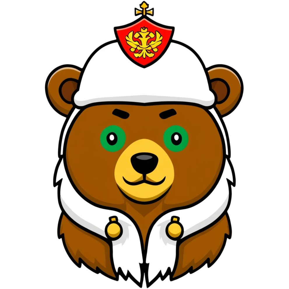 Cute grizzly bear face with green eyes, wearing a white fur hat with golden Russian coat of arms in the middle emoji