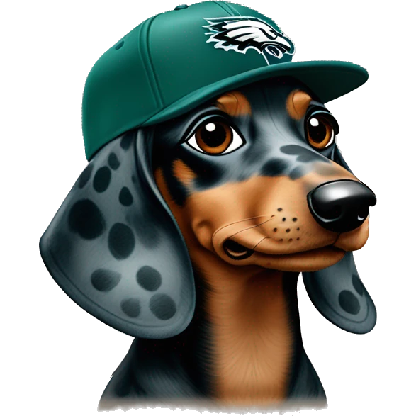 Miniature Blue and Tan Dapple Light Brown Spotted Dachshund wearing Philadelphia Eagles Hat with C on it emoji