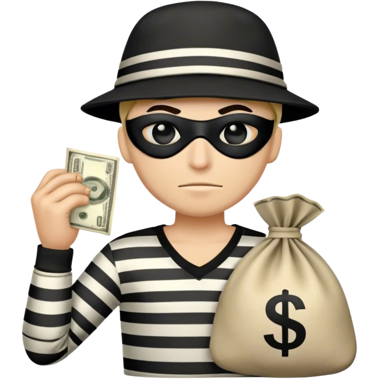 Cartoon-Räuber mit schwarzer Augenmaske, gestreiftem Shirt, schwarzer Mütze und einem Geldsack mit $-Zeichen. emoji