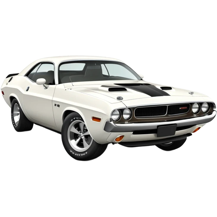Refined white 1971 Dodge Challenger with exact proportions, perfect three-quarter 30-degree angle view, detailed front end with visible headlights and grille, pure white color, iOS emoji style emoji