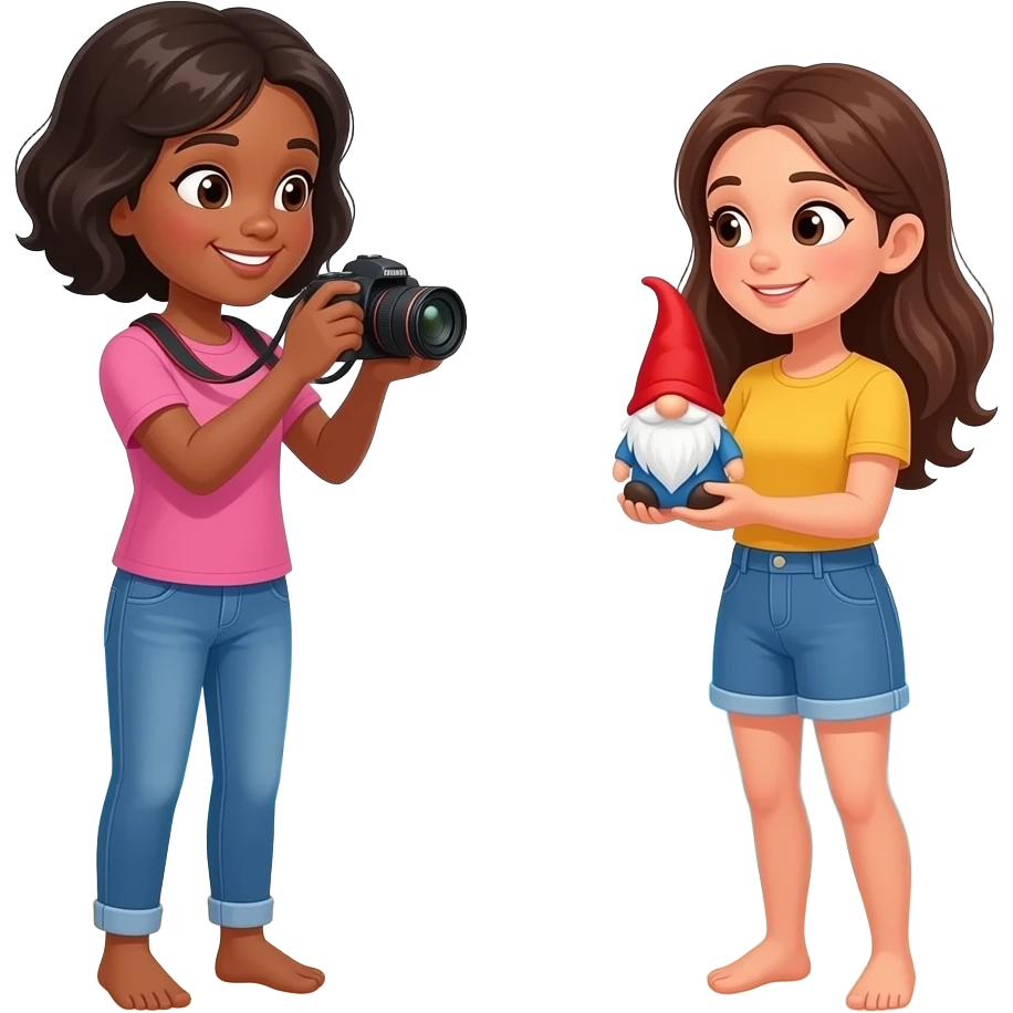 A black girl taking a photo of an spanish girl  holding a small gnome while standing at the beach emoji