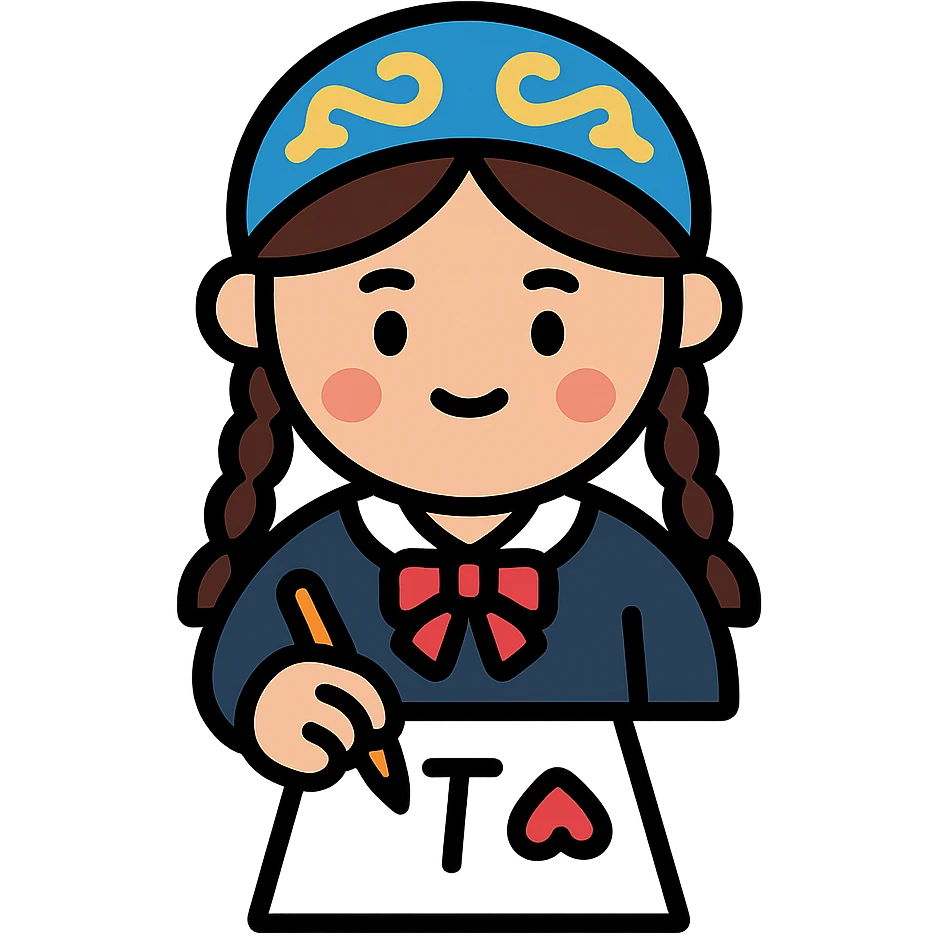 Kazakh girl in Korean foreign school uniform, drawing the letter T with a heart on a sheet of paper emoji