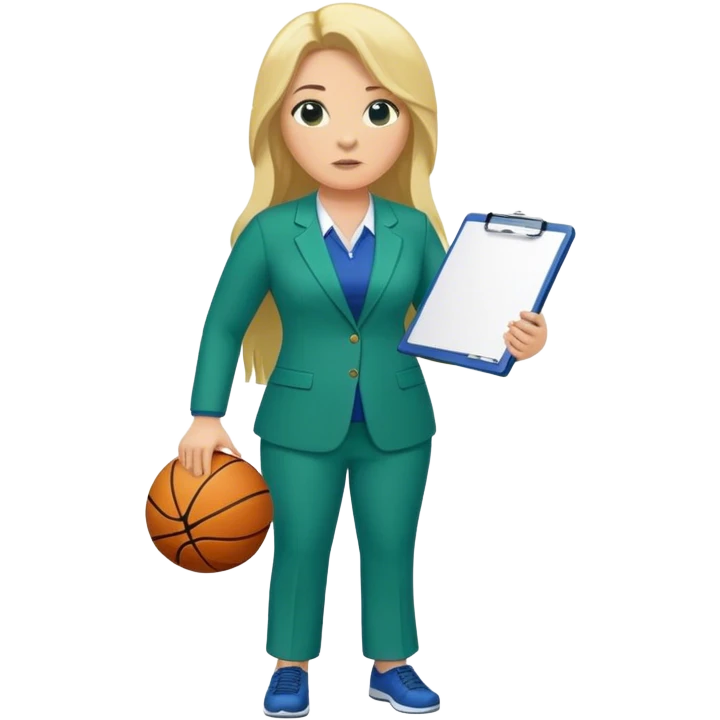 Full Body white plus size female basketball head coach using a clipboard with long blonde hair in a blue and green suit emoji