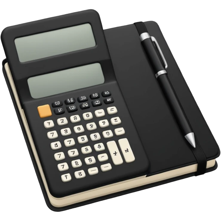 Minimalistic flat vector icon, iOS style, thin black contour on white background. Small black notebook with visible binding, placed next to a calculator. Clean, modern, no text, no shadows. emoji