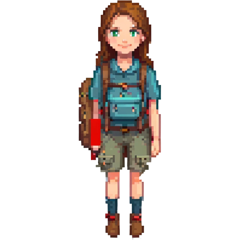 A white girl with brown hair, backpacking in the mountains emoji