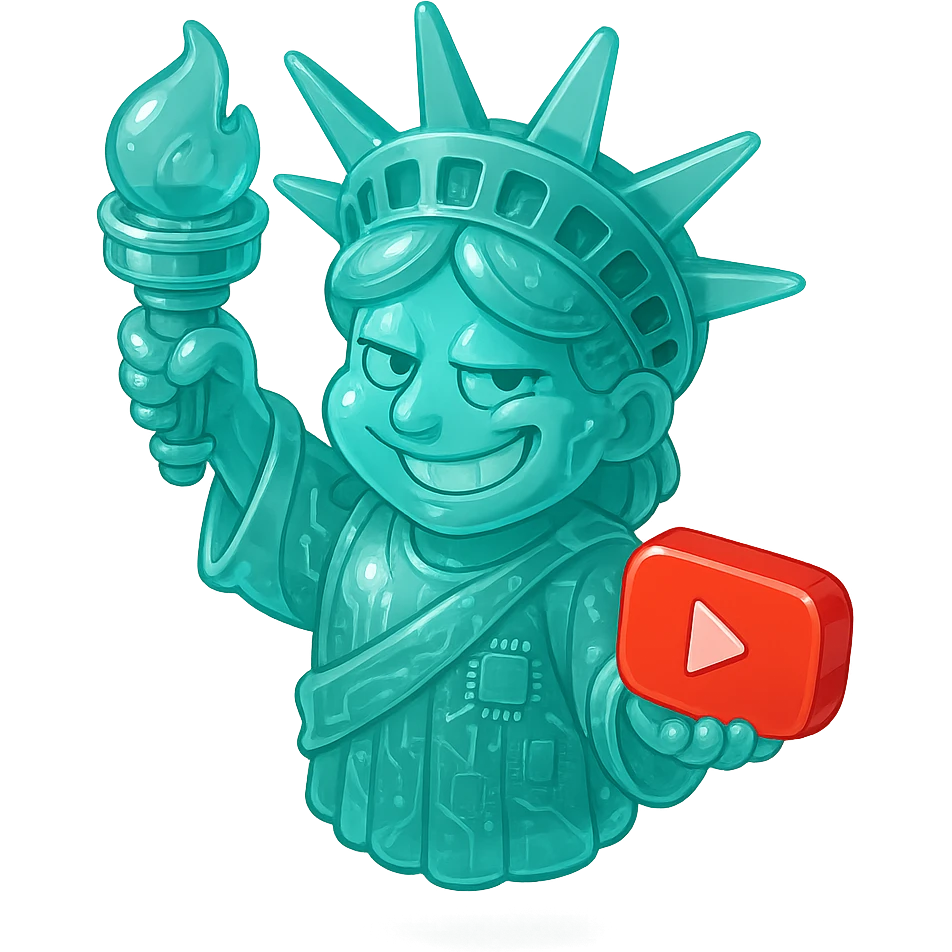 Statue of Liberty with a playful sarcastic grin, red YouTube play button, glossy circuit style emoji