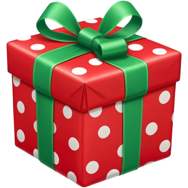 A red gift tied with a green ribbon in a white polka dot, emoji