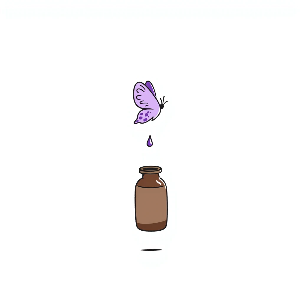 Small brown bottle floating with dim light, with a purple drop suspended in the air, slowly spinning in front of a luminous butterfly representing the thyroid gland emoji