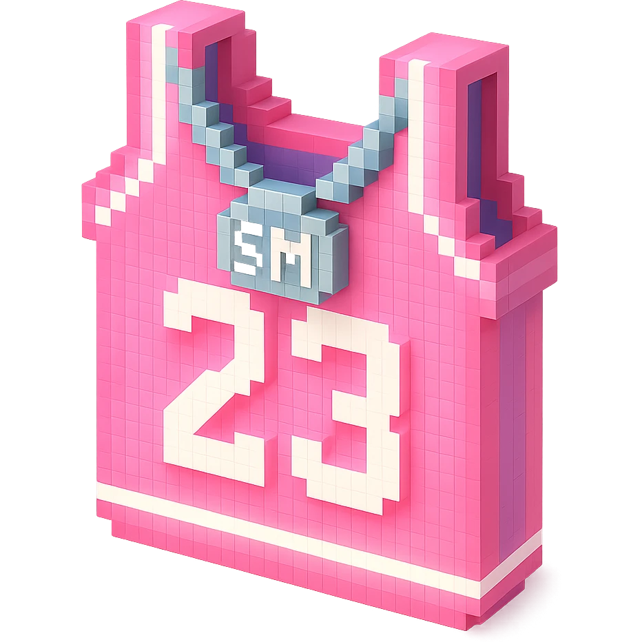 светящейся розовая баскетбольная майка с надписью "23" и серебряная цепь с надписью "SM", no background emoji