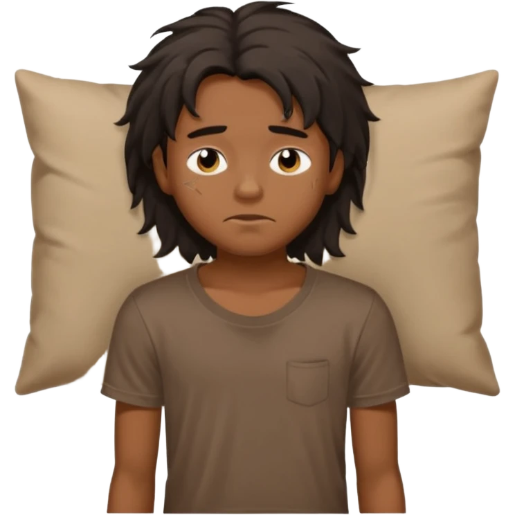 generate a pretty bratz brown skinned boy with black messy long hair wearing a brown tshirt in bed. Looking sleepy emoji