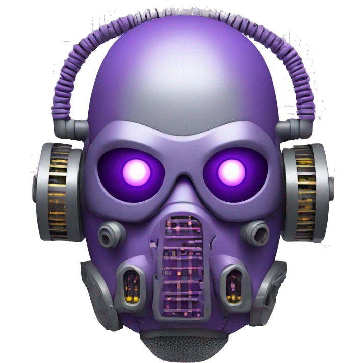 Purple mohawk cyborg head with grey respirator mask and circuits emoji