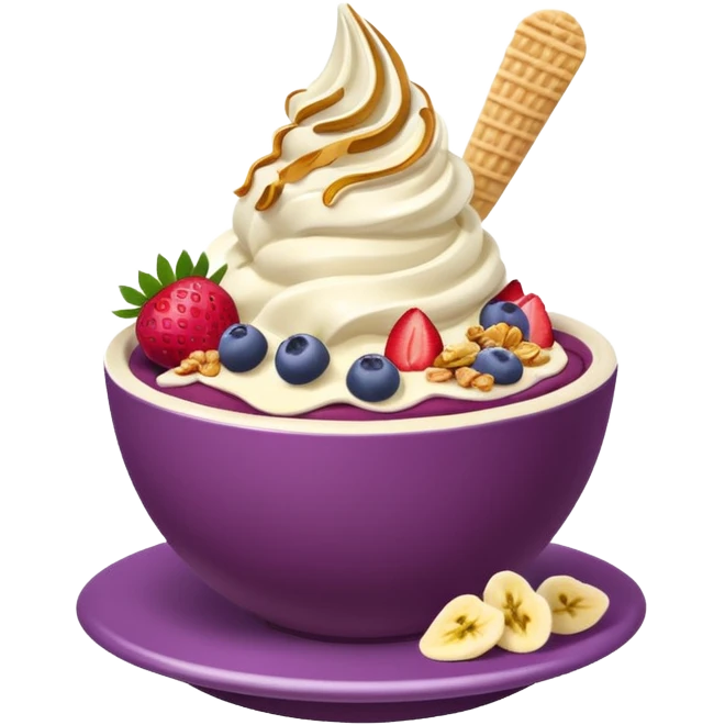 acai purple soft serve in a bowl strawberries and granola and chopped banana emoji