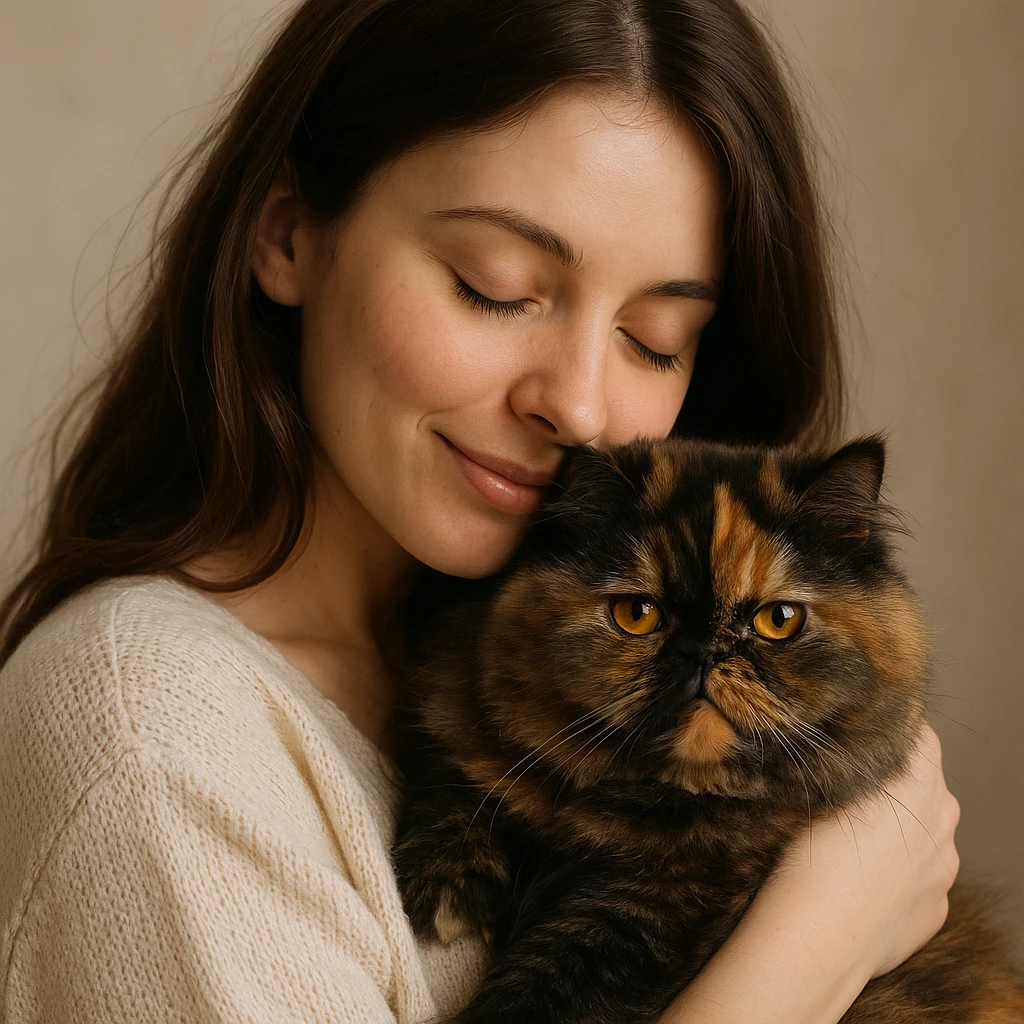 brunette girl holding a tortoiseshell Persian cat close, affectionate and soft emoji