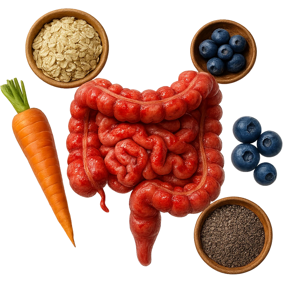 intestino umano anatomico infiammato al centro con carota, bowl di avena, mirtilli, bowl di semi di chia che gli fluttuano intorno , iperrealistico 4k emoji