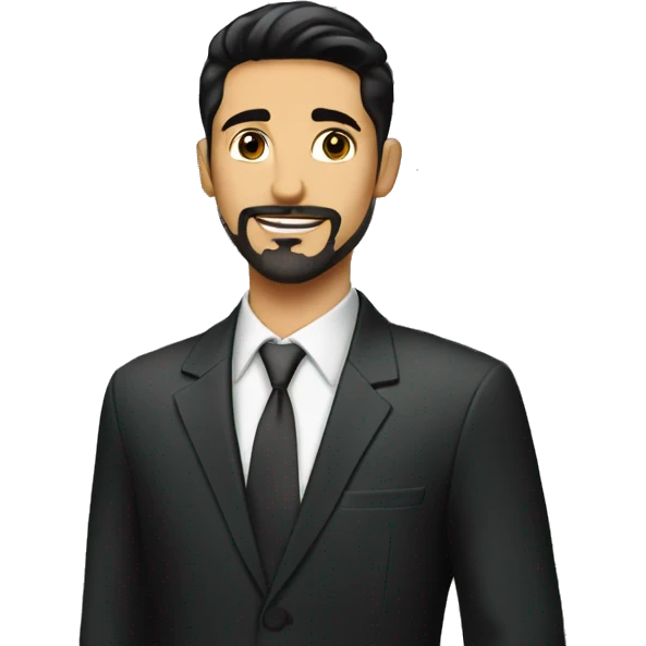 Young man Real estate agent Italian short black hair and goatee in elegant  suit  in front of house  emoji