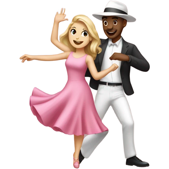 A white girl dancing in a pink dress with white Caucasian guy dancing in a pink hat emoji