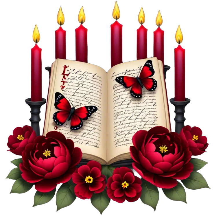 A dark, romantic composition featuring deep red peonies and pansies intertwined with blackened love letters, surrounded by glowing crimson candles. Butterflies in various shades of red flutter around Gothic crosses, creating an eerie yet passionate atmosphere. emoji