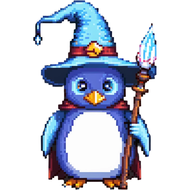 penguin wizard with a pointy hat and magic staff emoji