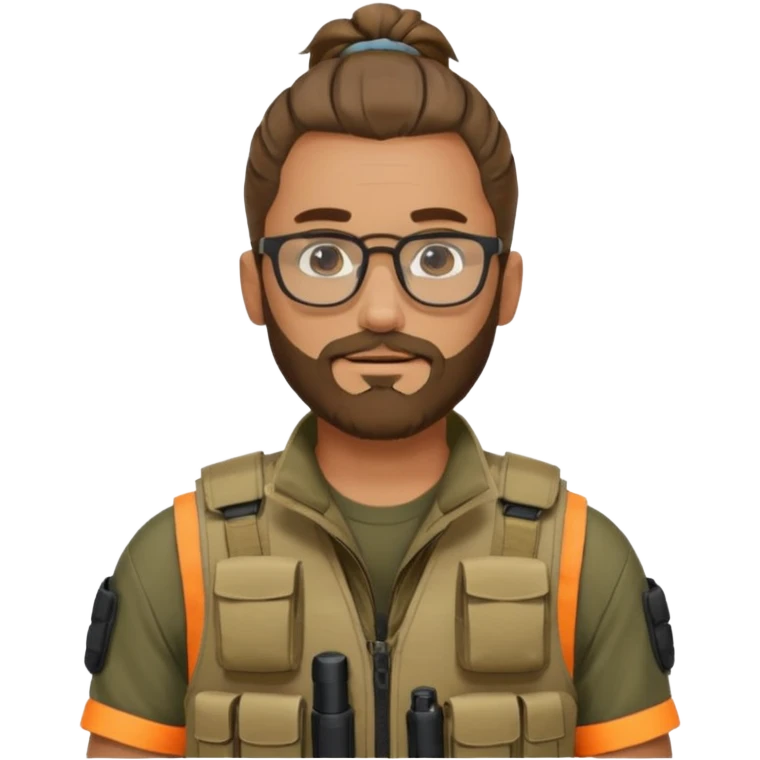 man with a man bun, beard, and glasses, wearing a tactical vest emoji
